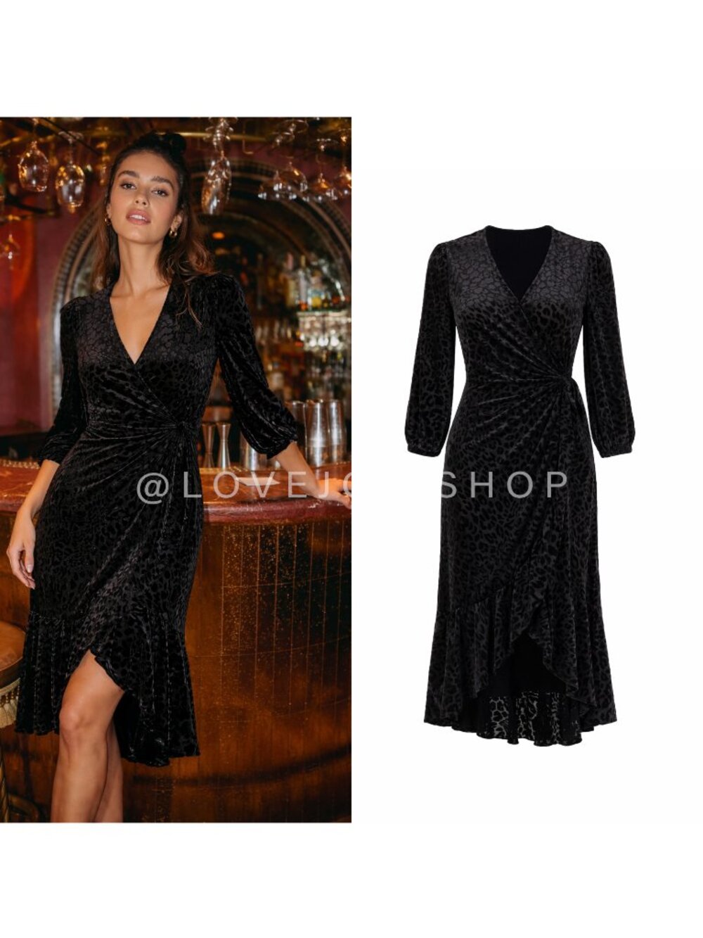 Dress | Velvet Leopard Long Sleeve Wrap Dress | Calvin Klein | Midi Length Cockt